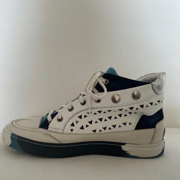 Free People Connor Hi Top Blue and White Laser Cut and Studded Sneaker Size 40 - Picture 4 of 11